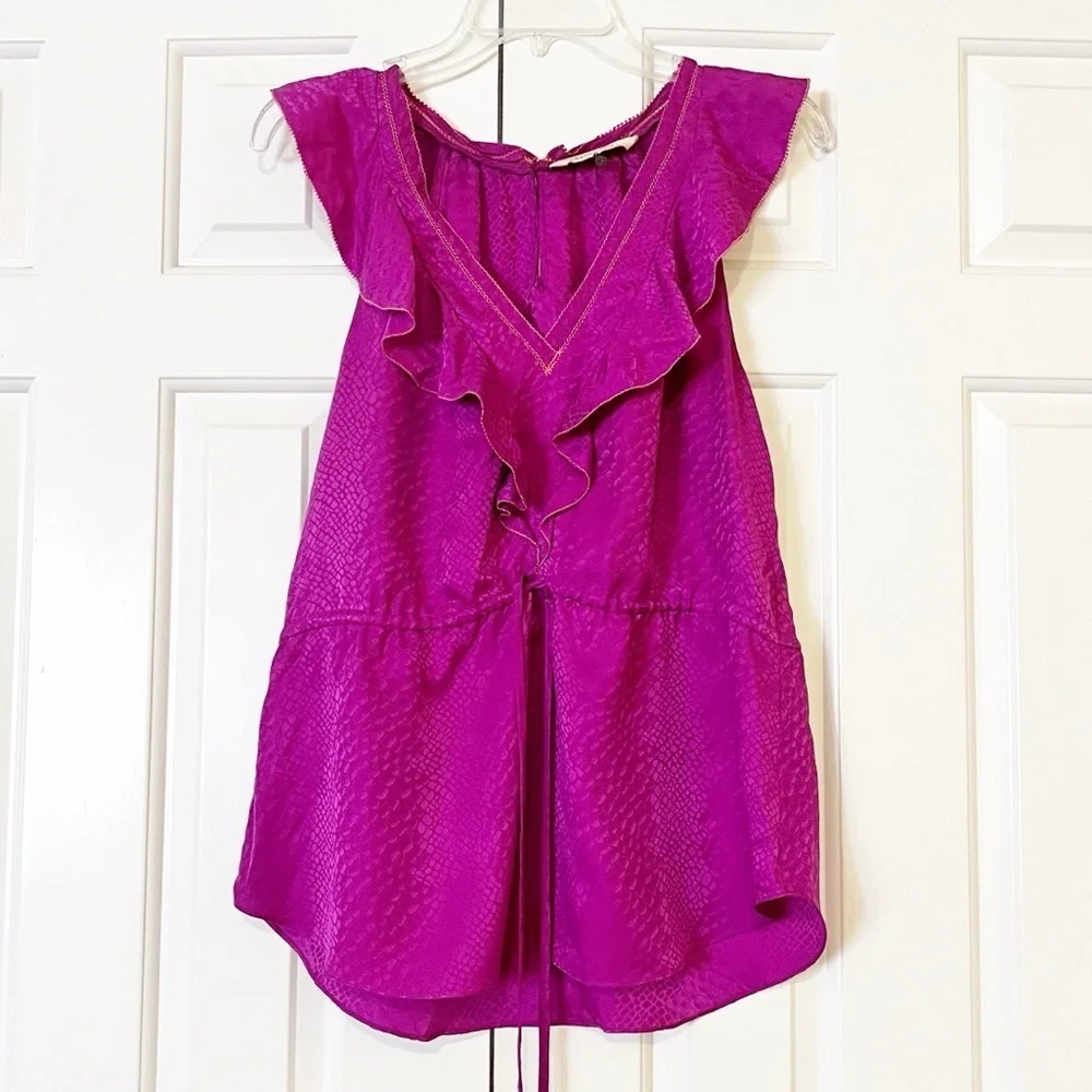 Rebecca Taylor sleeveless v-neck 100% silk flounce blouse w/ waist tie. Size 10 - Picture 13 of 16